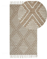 Rug Off-White Beige Cotton Wool 80 x 150 cm Geometric Pattern Runes Tribal Tassels Oriental Beliani
