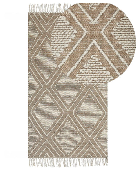 Rug Off-White Beige Cotton Wool 80 x 150 cm Geometric Pattern Runes Tribal Tassels Oriental Beliani