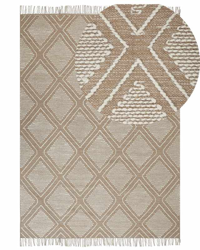 Rug Off-White Beige Cotton Wool 140 x 200 cm Geometric Pattern Runes Tribal Tassels Oriental Beliani