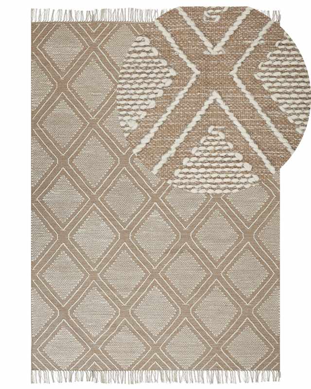 Rug Off-White Beige Cotton Wool 160 x 230 cm Geometric Pattern Runes Tribal Tassels Oriental Beliani