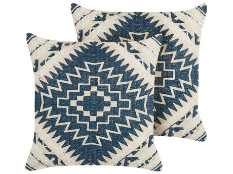 Set of 2 Decorative Cushions Blue and Beige Cotton 50 x 50 cm Geometric Pattern Foil Print Boho Decor Accessories Beliani