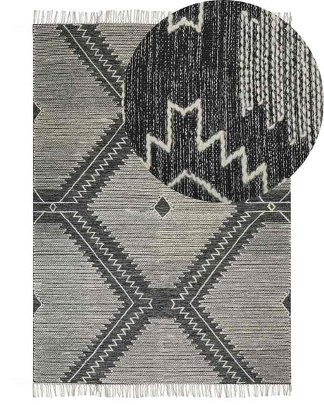 Rug Off-White Black Cotton Wool 160 x 230 cm Geometric Pattern Runes Tribal Tassels Oriental Beliani