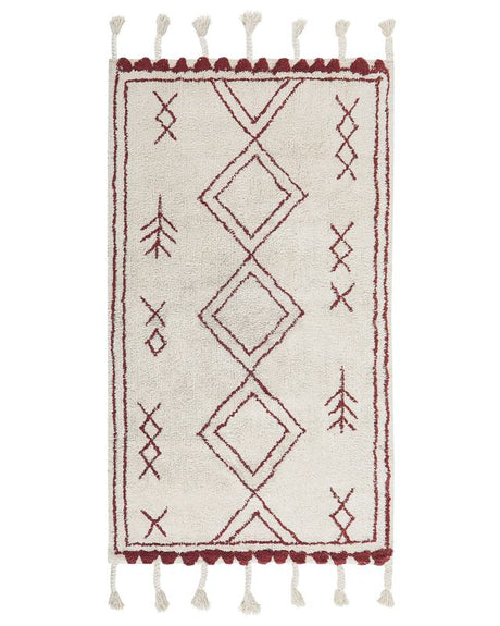 Rug Off-White Dark Red Cotton 80 x 150 cm Geometric Pattern Runes Tribal Tassels Oriental Beliani