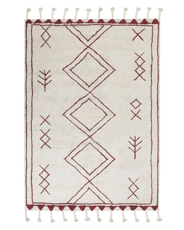 Rug Off-White Dark Red Cotton 140 x 200 cm Geometric Pattern Runes Tribal Tassels Oriental Beliani