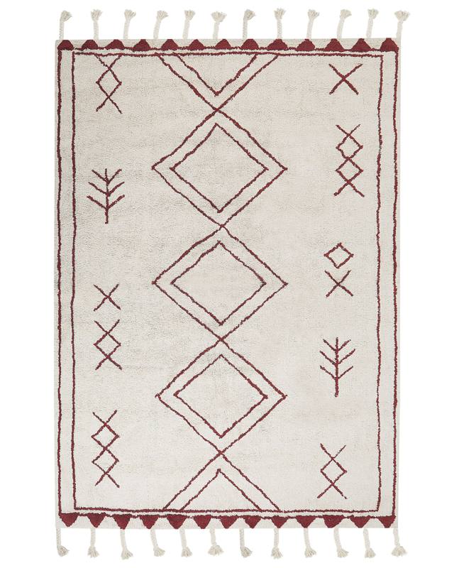 Rug Off-White Dark Red Cotton 160 x 230 cm Geometric Pattern Runes Tribal Tassels Oriental Beliani