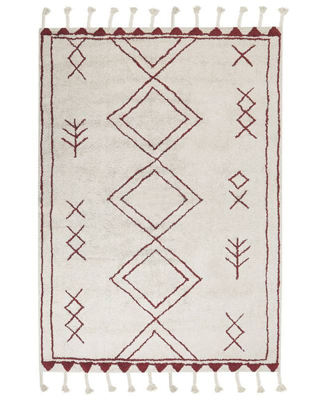 Rug Off-White Dark Red Cotton 160 x 230 cm Geometric Pattern Runes Tribal Tassels Oriental Beliani