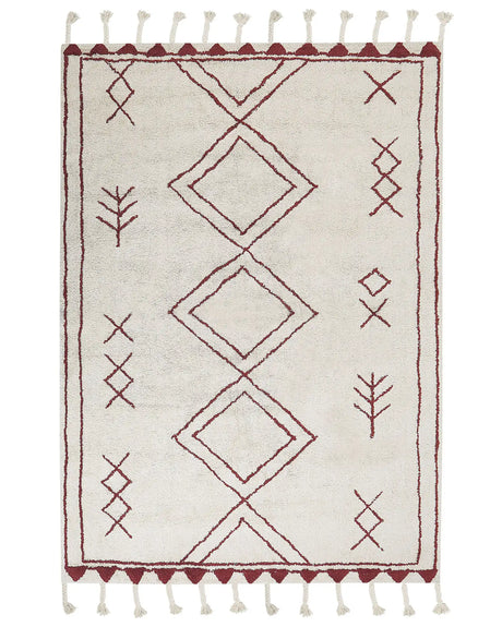 Rug Off-White Dark Red Cotton 160 x 230 cm Geometric Pattern Runes Tribal Tassels Oriental Beliani