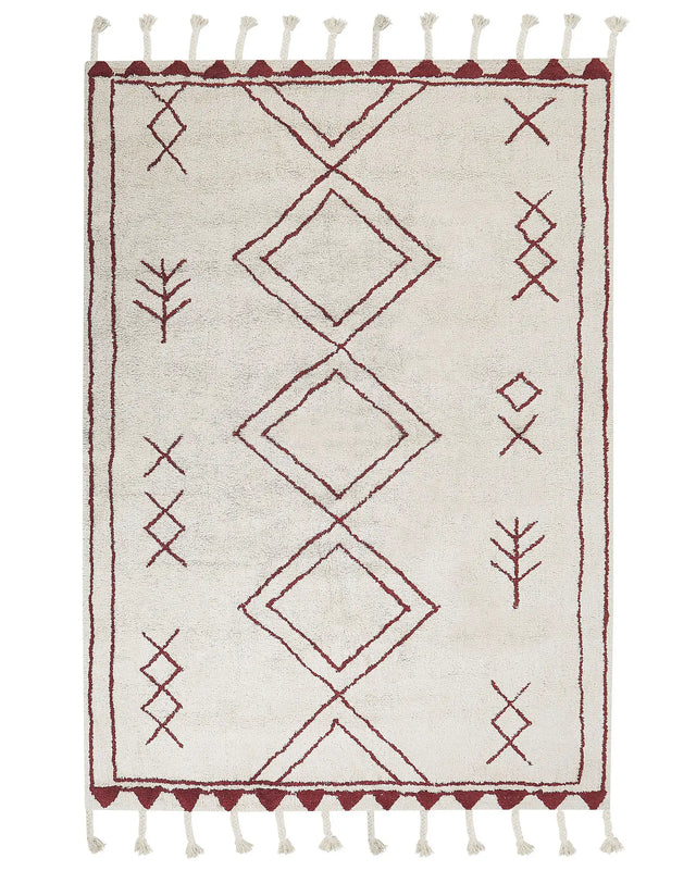 Rug Off-White Dark Red Cotton 160 x 230 cm Geometric Pattern Runes Tribal Tassels Oriental Beliani