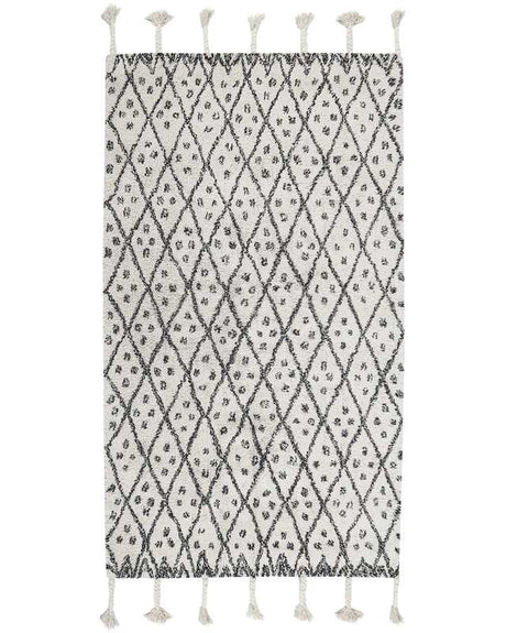 Rug Off-White Black Cotton 80 x 150 cm Geometric Pattern Runes Tribal Tassels Oriental Beliani