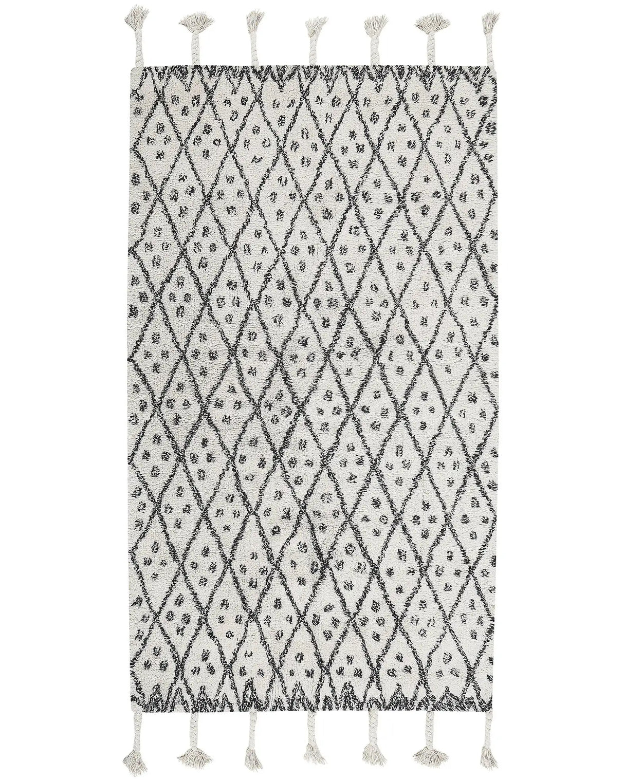 Rug Off-White Black Cotton 80 x 150 cm Geometric Pattern Runes Tribal Tassels Oriental Beliani
