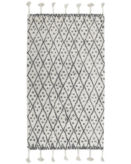 Rug Off-White Black Cotton 80 x 150 cm Geometric Pattern Runes Tribal Tassels Oriental Beliani