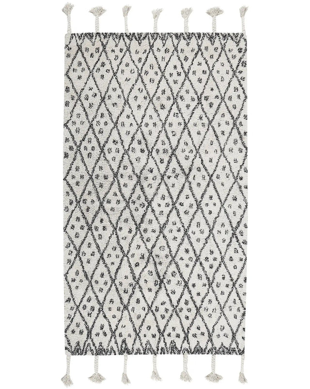 Rug Off-White Black Cotton 80 x 150 cm Geometric Pattern Runes Tribal Tassels Oriental Beliani