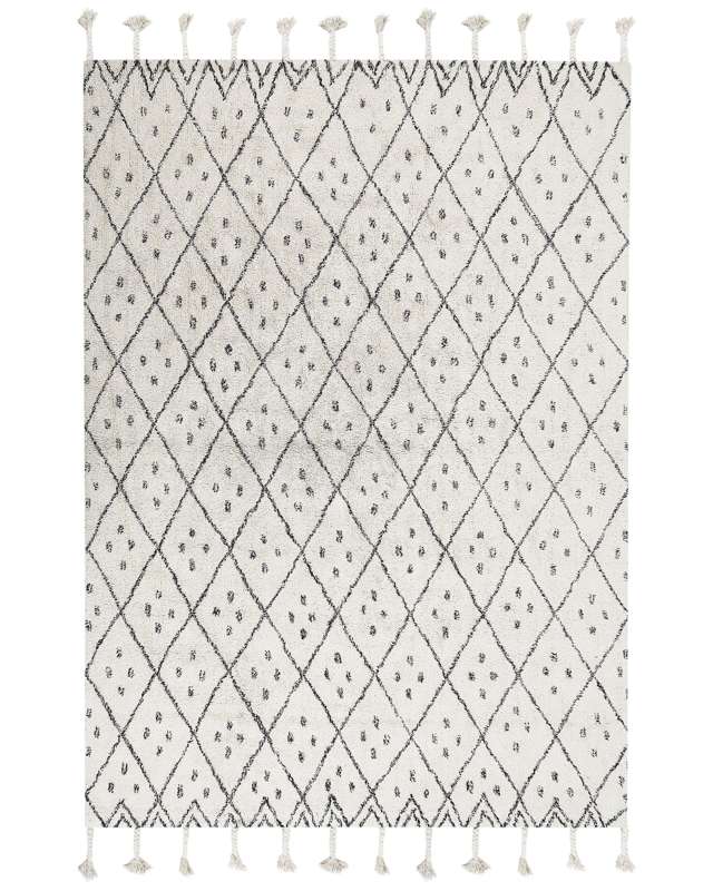 Rug Off-White Black Cotton 140 x 200 cm Geometric Pattern Runes Tribal Tassels Oriental Beliani