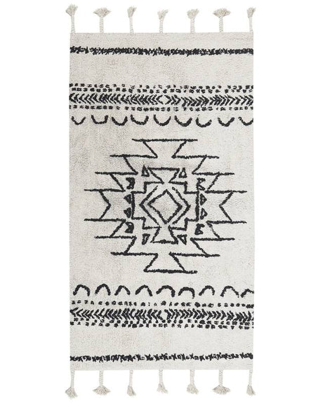 Rug Off-White Black Cotton 80 x 150 cm Geometric Pattern Runes Tribal Tassels Oriental Beliani