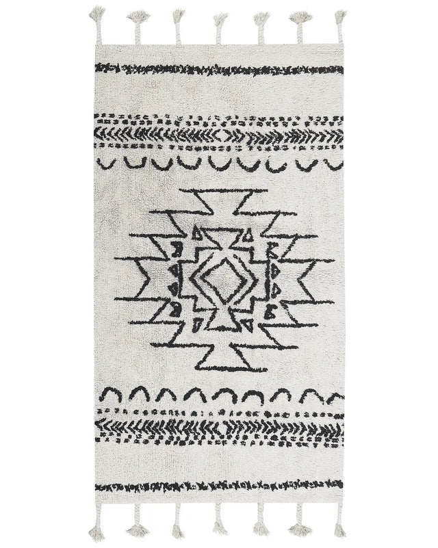 Rug Off-White Black Cotton 80 x 150 cm Geometric Pattern Runes Tribal Tassels Oriental Beliani