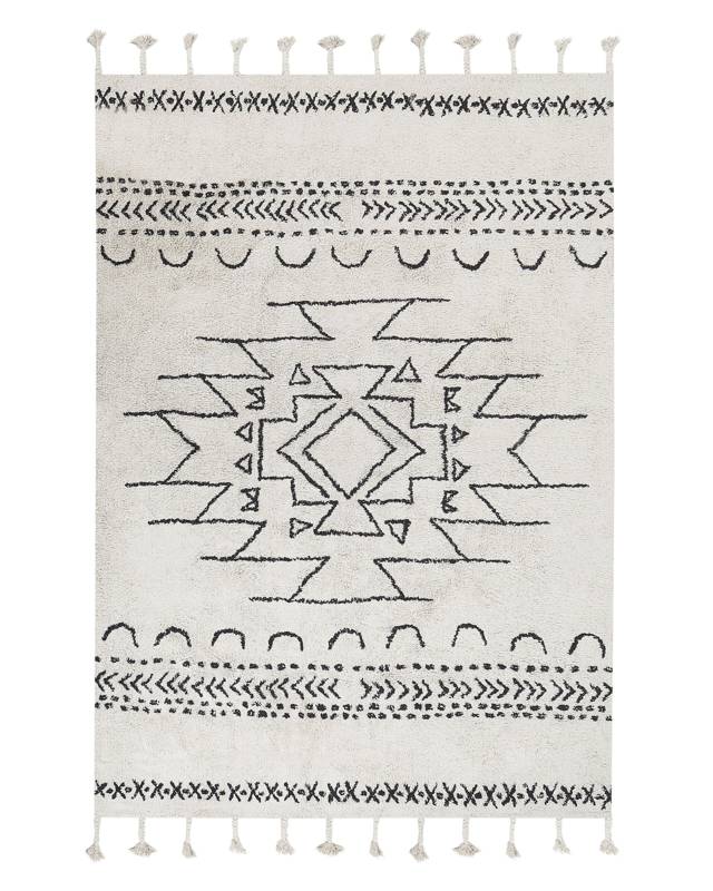 Rug Off-White Black Cotton 140 x 200 cm Geometric Pattern Runes Tribal Tassels Oriental Beliani