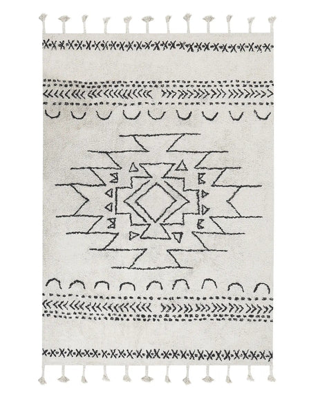 Rug Off-White Black Cotton 140 x 200 cm Geometric Pattern Runes Tribal Tassels Oriental Beliani
