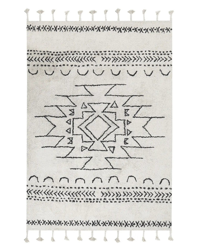 Rug Off-White Black Cotton 140 x 200 cm Geometric Pattern Runes Tribal Tassels Oriental Beliani