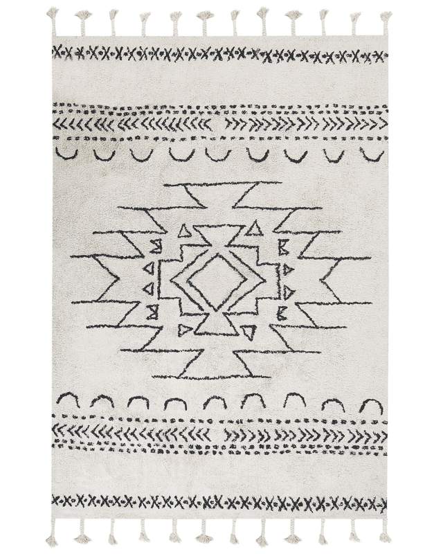 Rug Off-White Black Cotton 160 x 230 cm Geometric Pattern Runes Tribal Tassels Oriental Beliani