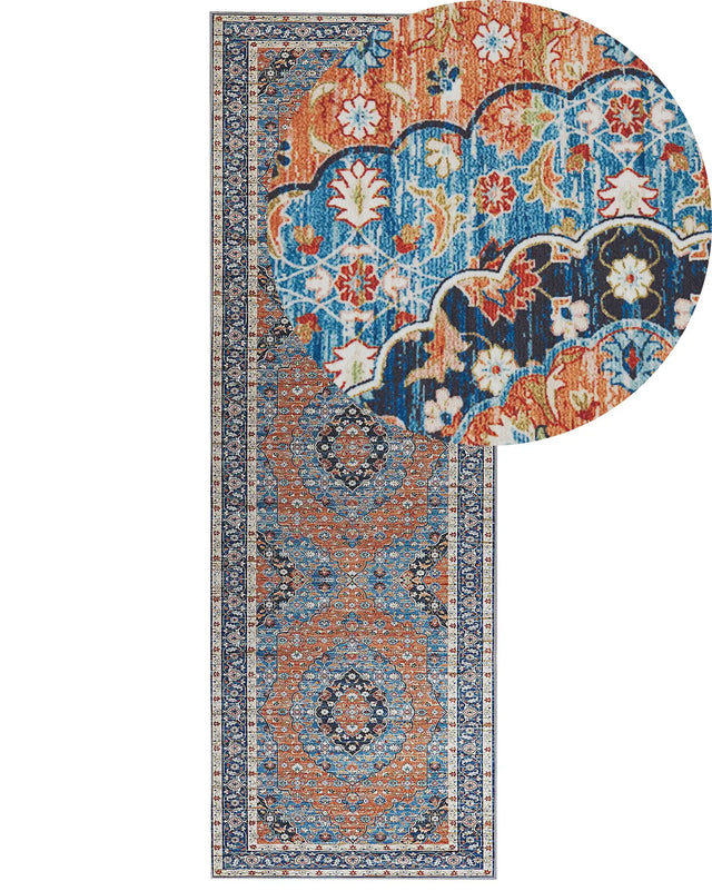 Runner Rug Runner Blue and Orange Polyester 80 x 240 cm Oriental Distressed Living Room Bedroom Decorations Beliani