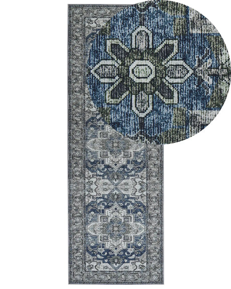 Runner Rug Runner Grey and Blue Polyester 80 x 240 cm Oriental Distressed Living Room Bedroom Decorations Beliani