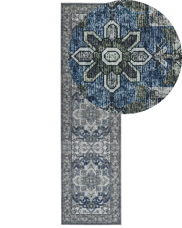 Runner Rug Runner Grey and Blue Polyester 80 x 300 cm Oriental Distressed Living Room Bedroom Decorations Beliani