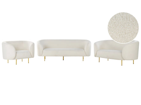 Living Room Set White Boucle Fabric Soft Nubby Gold Legs 3 Seater Sofa Loveseat Armchair Retro Glam Art Decor Style Beliani