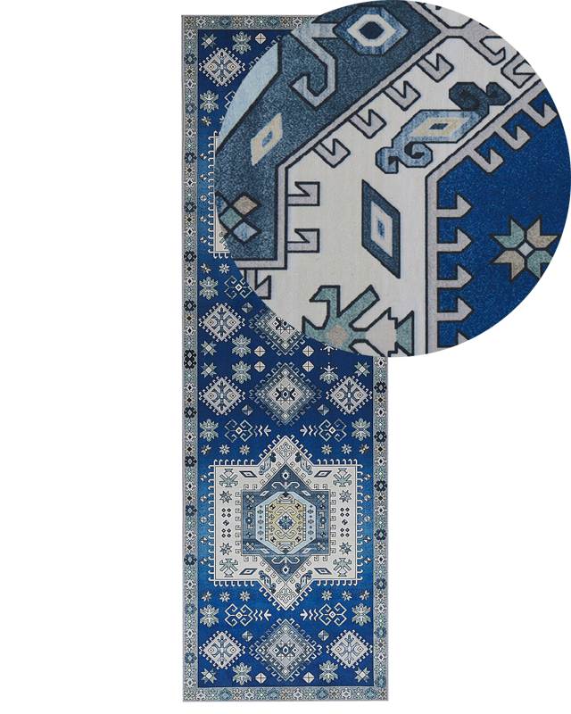 Runner Rug Blue and Beige Polyester 60 x 200 cm Geometric Pattern Anti-Slip Bottom Modern Hallway Beliani