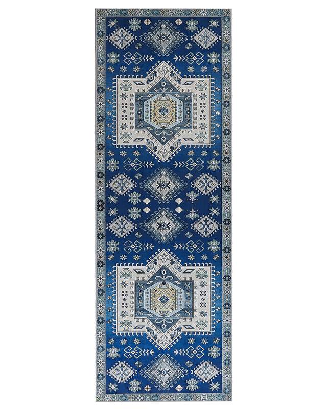 Runner Rug Blue and Beige Polyester 70 x 200 cm Geometric Pattern Anti-Slip Bottom Modern Hallway Beliani