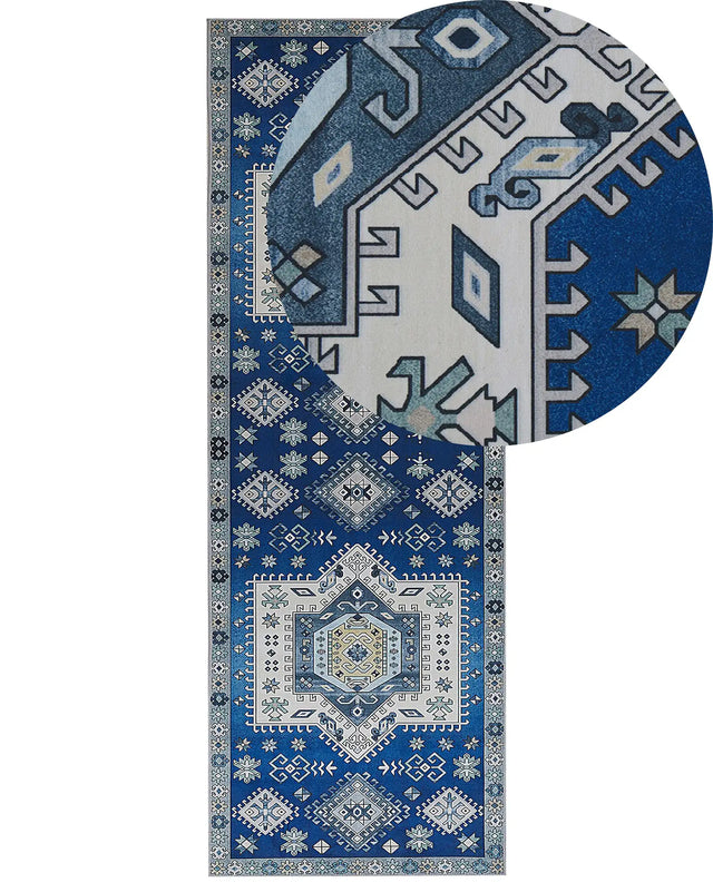 Runner Rug Blue and Beige Polyester 70 x 200 cm Geometric Pattern Anti-Slip Bottom Modern Hallway Beliani