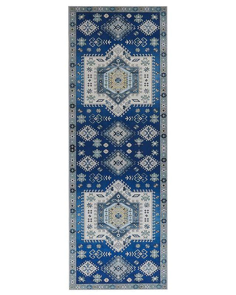 Runner Rug Blue and Beige Polyester 80 x 200 cm Geometric Pattern Anti-Slip Bottom Modern Hallway Beliani