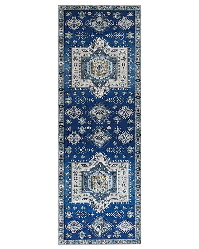 Runner Rug Blue and Beige Polyester 80 x 200 cm Geometric Pattern Anti-Slip Bottom Modern Hallway Beliani