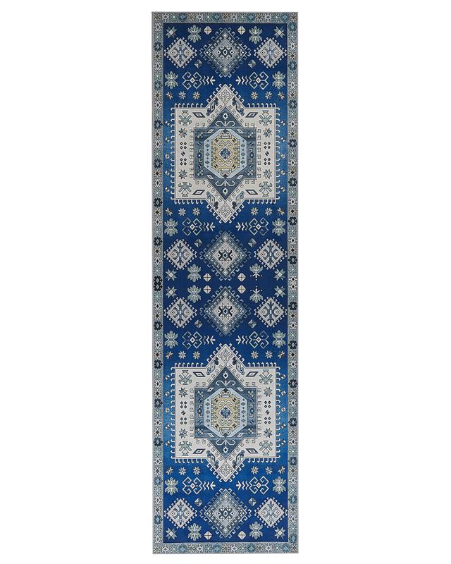 Runner Rug Blue and Beige Polyester 80 x 300 cm Geometric Pattern Anti-Slip Bottom Modern Hallway Beliani