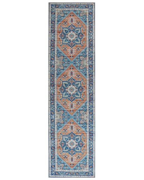 Runner Rug Blue and Orange Polyester 80 x 300 cm Geometric Oriental Pattern Anti-Slip Bottom Modern Hallway Beliani