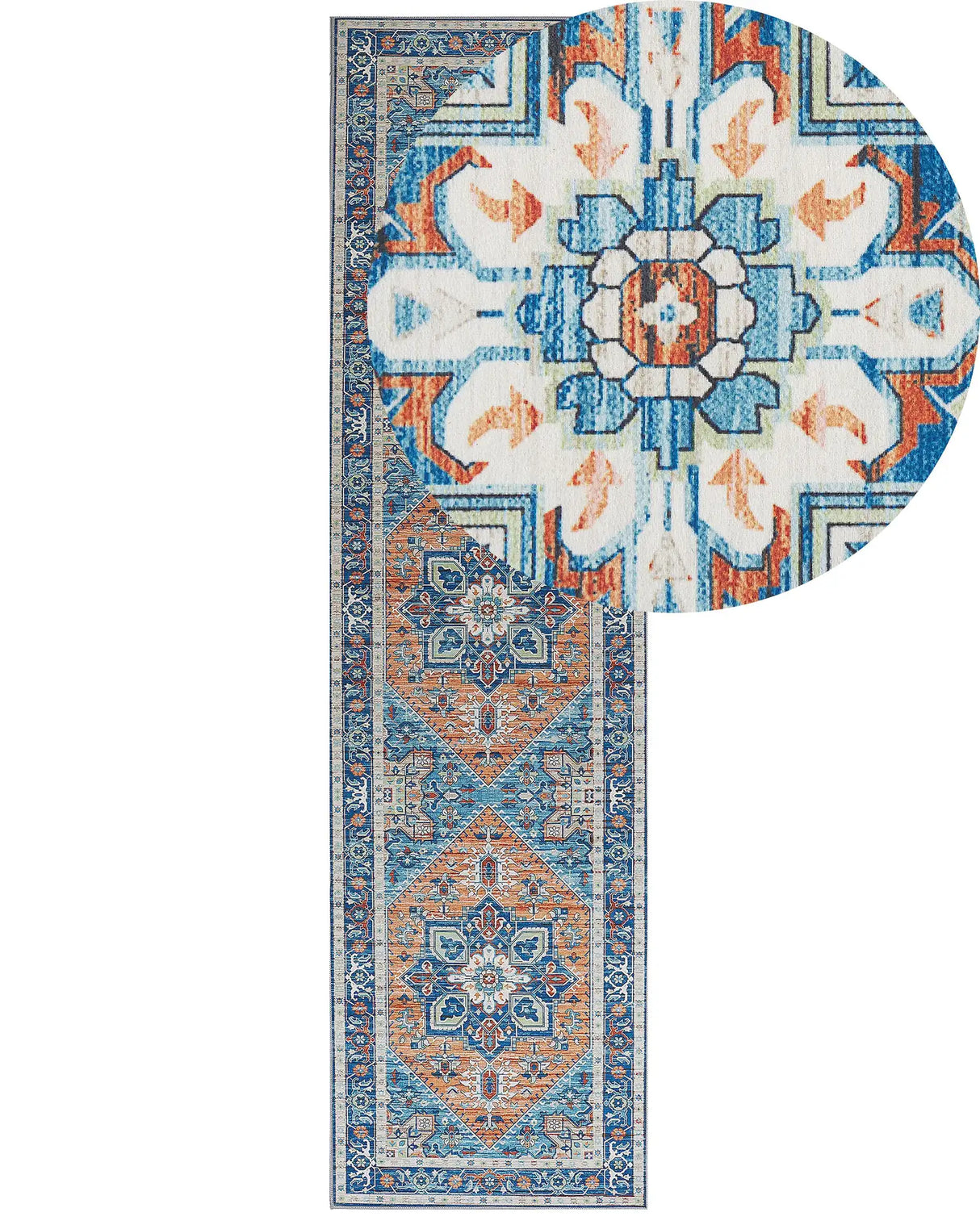 Runner Rug Blue and Orange Polyester 80 x 300 cm Geometric Oriental Pattern Anti-Slip Bottom Modern Hallway Beliani