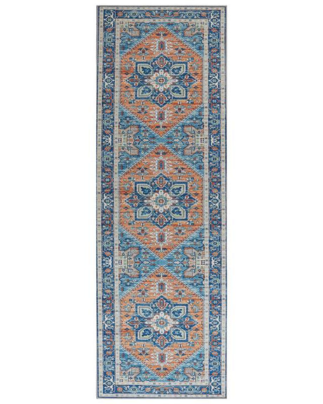 Runner Rug Blue and Orange Polyester 80 x 240 cm Geometric Oriental Pattern Anti-Slip Bottom Modern Hallway Beliani