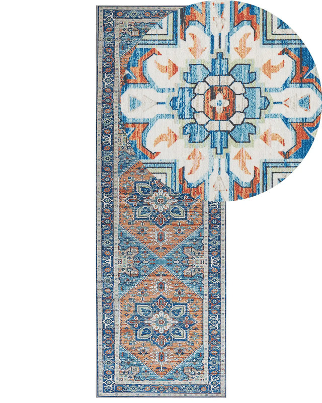 Runner Rug Blue and Orange Polyester 80 x 240 cm Geometric Oriental Pattern Anti-Slip Bottom Modern Hallway Beliani