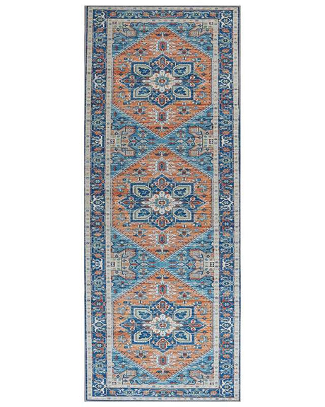 Runner Rug Blue and Orange Polyester 80 x 200 cm Geometric Oriental Pattern Anti-Slip Bottom Modern Hallway Beliani