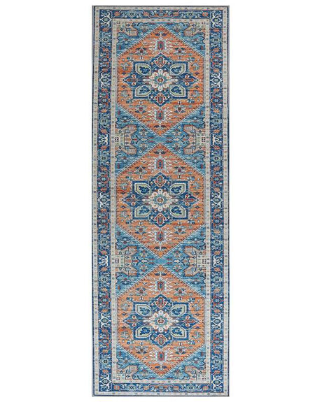 Runner Rug Blue and Orange Polyester 70 x 200 cm Geometric Oriental Pattern Anti-Slip Bottom Modern Hallway Beliani