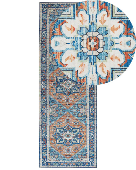 Runner Rug Blue and Orange Polyester 70 x 200 cm Geometric Oriental Pattern Anti-Slip Bottom Modern Hallway Beliani