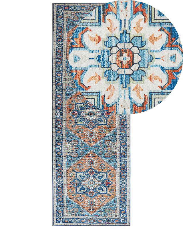 Runner Rug Blue and Orange Polyester 70 x 200 cm Geometric Oriental Pattern Anti-Slip Bottom Modern Hallway Beliani