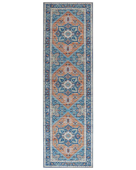 Runner Rug Blue and Orange Polyester 60 x 200 cm Geometric Oriental Pattern Anti-Slip Bottom Modern Hallway Beliani