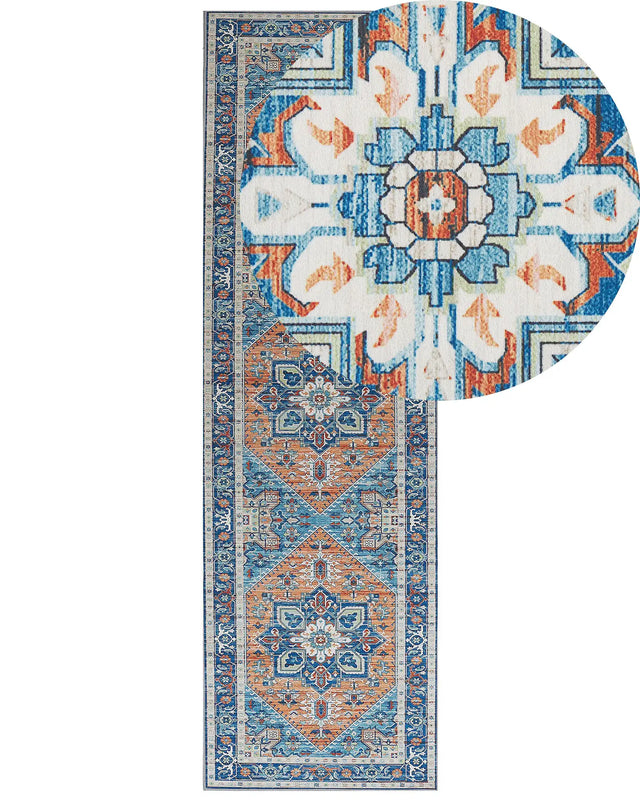 Runner Rug Blue and Orange Polyester 60 x 200 cm Geometric Oriental Pattern Anti-Slip Bottom Modern Hallway Beliani