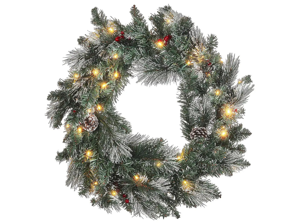 Christmas Wreath Green Synthetic Material 40 cm Pre Lit Artificial Snow Pine Cons Seasonal Home Decor Beliani