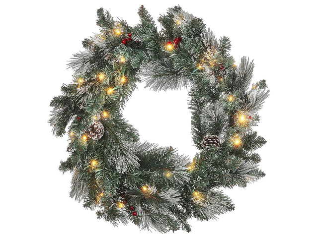 Christmas Wreath Green Synthetic Material 40 cm Pre Lit Artificial Snow Pine Cons Seasonal Home Decor Beliani