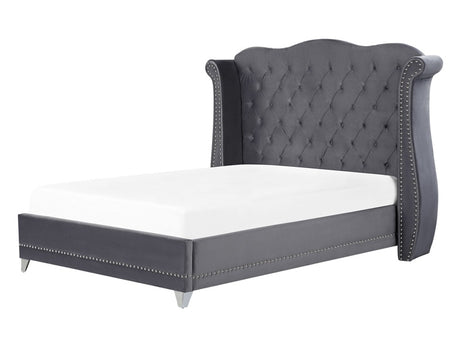 Bed Frame Grey Velvet EU Double Size 4ft6 Slatted Base Button Tufted Headboard Nailhead Trim Beliani