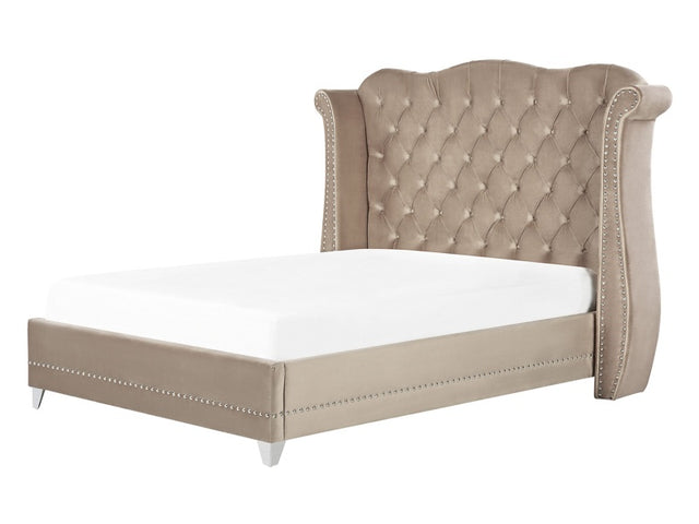 Bed Frame Taupe Velvet EU Double Size 4ft6 Slatted Base Button Tufted Headboard Nailhead Trim Beliani