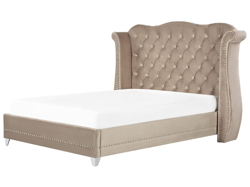 Bed Frame Taupe Velvet EU Super King Size 6ft Slatted Base Button Tufted Headboard Nailhead Trim Beliani