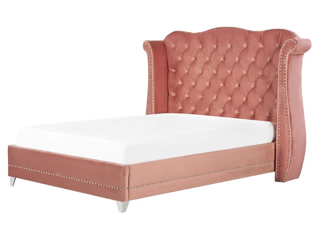 Bed Frame Pink Velvet EU Double Size 4ft6 Slatted Base Button Tufted Headboard Nailhead Trim Beliani