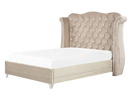 Bed Frame Beige Velvet EU Double Size 4ft6 Slatted Base Button Tufted Headboard Nailhead Trim Beliani